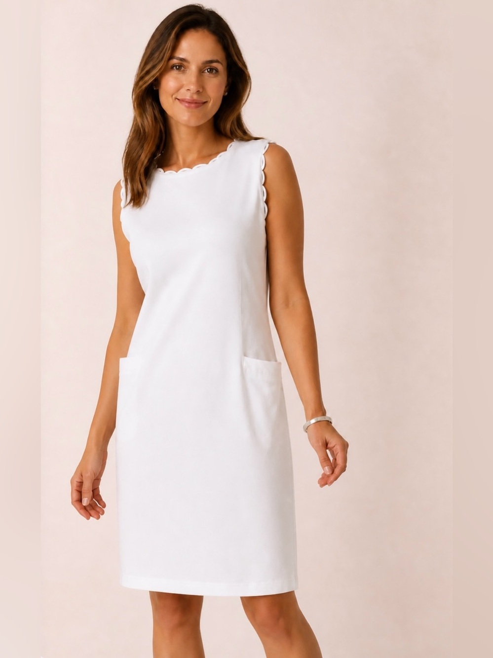 80s Designer White Cotton Shift Dress Scalloped Trim Architectural Pockets